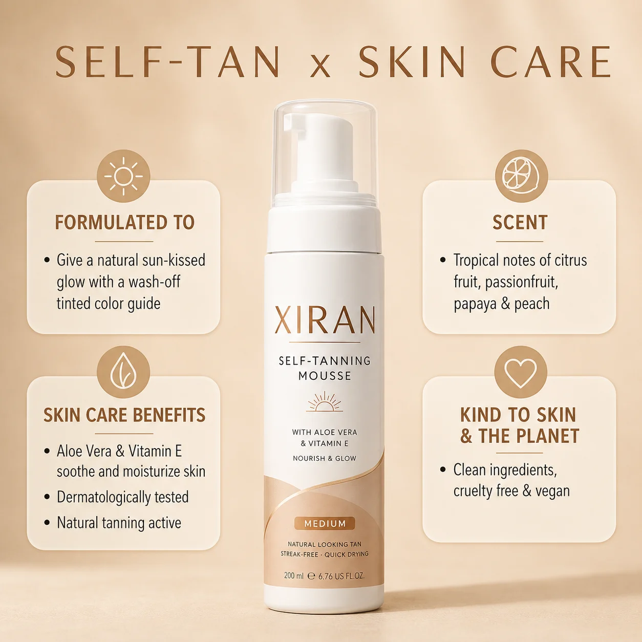 Xiran self-tanning mousse bottle promoting skincare benefits and tropical scent on a neutral background.